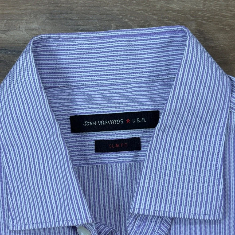 John Varvatos USA Button Up Men 15.5 32/33 Slim Cotton‎ Purple Stripe Heritage